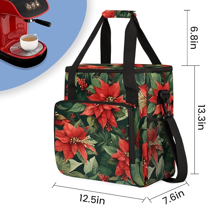 Holly Berry Flowers Coffee Maker Carrying Bag Christmas Flowers Travel Storage Bag Compatible with K-Mini or K-Mini Plus Single Serve Coffee Brewer Carrying Case with Pockets &amp Shoulder Strap