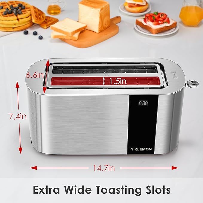4 Slice Toaster NIKLEMON Full Stainless Steel Toaster with LED Display Touch Buttons with Long Extra Wide Slots Bagel Defrost Reheat Cancel Functions Removable Crumb Tray 1300W