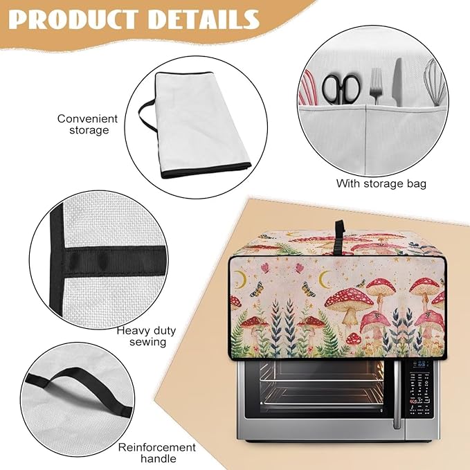Mushroom Butterfly Toaster Oven Cover Heavy Duty Heat-resistant Waterproof Dust-Proof Protective Case with Side Pockets for Bake Air Fry Toaster Oven Easy Maintenance