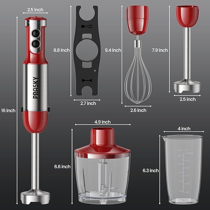 Immersion Blender Handheld Hand Blenders 20 Speed &amp Turbo Mode Hand Held Blender Heaviest Duty Copper Motor Stainless Steel Blades Milk Frother Wand Whisk 600ml Beaker 500ml Chopper (Red)