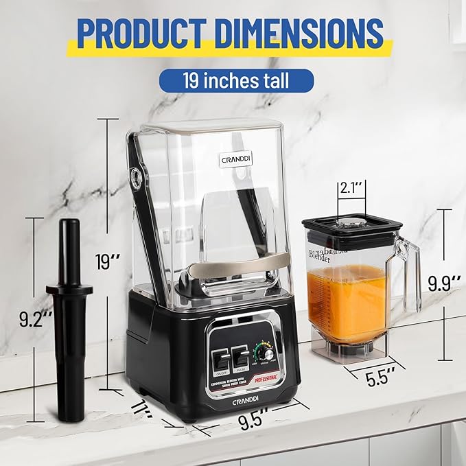CRANDDI Commercial Blender 2200W Countertop Blenders with Removable Shield Quiet Smoothie Blender for Shakes and Ice Crushing 52oz 38000 RPM Professional Blenders for Kitchen K80 (Black)