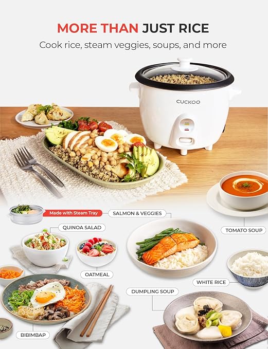 CUCKOO One Touch Rice Cooker 12-Cup Cooked Small Rice Cooker &amp Warmer with Steamer Tray Versatile Grain Cooker Soup Maker Auto Keep Warm 6-Cup Uncooked White (CR-0601C)