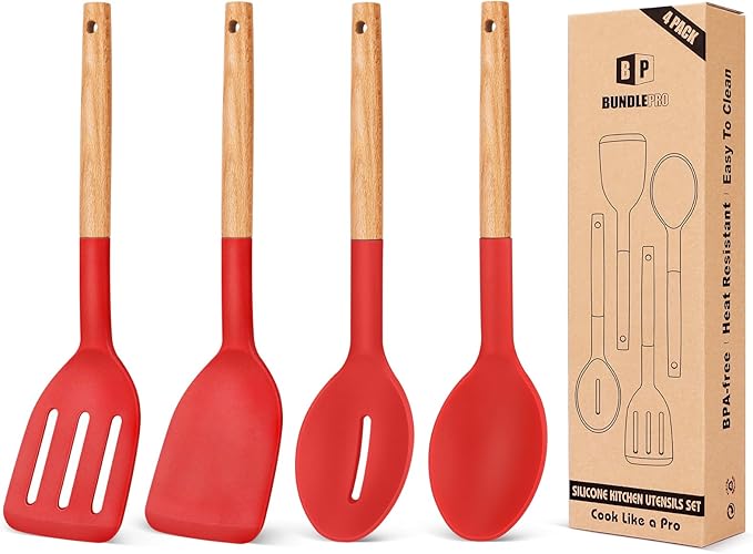 Pack of 4 Silicone Cooking Utensils Set Non Stick Solid Spatulas and Heat Resistant Slotted Spoons with Wooden Handle Ideal Wood Kitchen Utensils Set for FryingServingTurningStirring (RED)