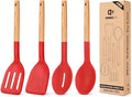 Pack of 4 Silicone Cooking Utensils Set Non Stick Solid Spatulas and Heat Resistant Slotted Spoons with Wooden Handle Ideal Wood Kitchen Utensils Set for FryingServingTurningStirring (RED)