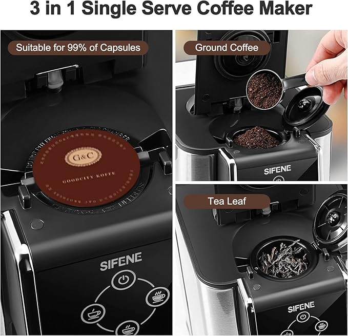SIFENE 3-in-1 Pod Coffee Machine KC101 - Single Serve Coffee Maker - Quick Brew for Pods Ground Coffee Tea Black
