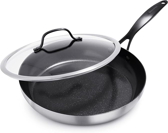 GreenPan Venice Pro Noir Tri-Ply Stainless Steel Healthy Ceramic Nonstick 12 Frying Pan Skillet with Lid Matte Black Handle PFAS-Free Multi Clad Induction Dishwasher Safe Oven Safe Silver
