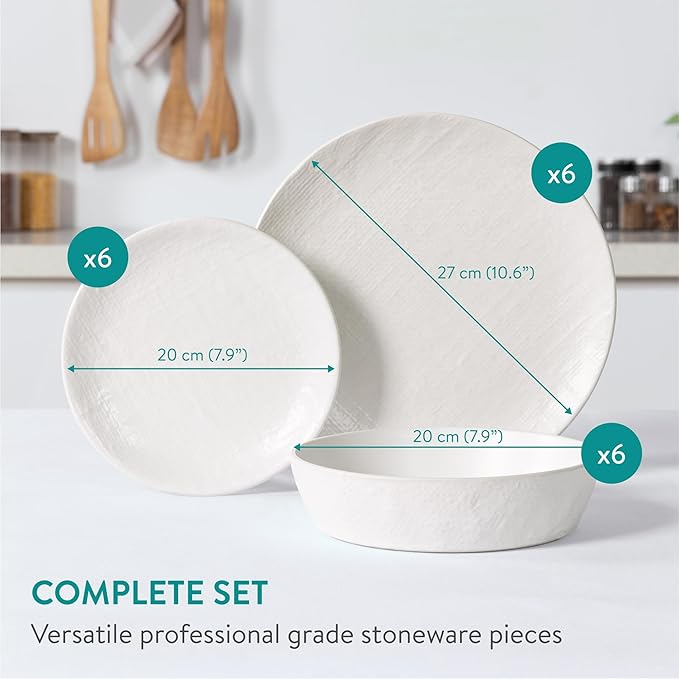 Navaris Linen Artisan Stoneware Dinnerware Set (18 Pieces) - White Dinnerware with Dinner Plates Side Plates and Pasta Bowls - Dishwasher and Microwave Safe