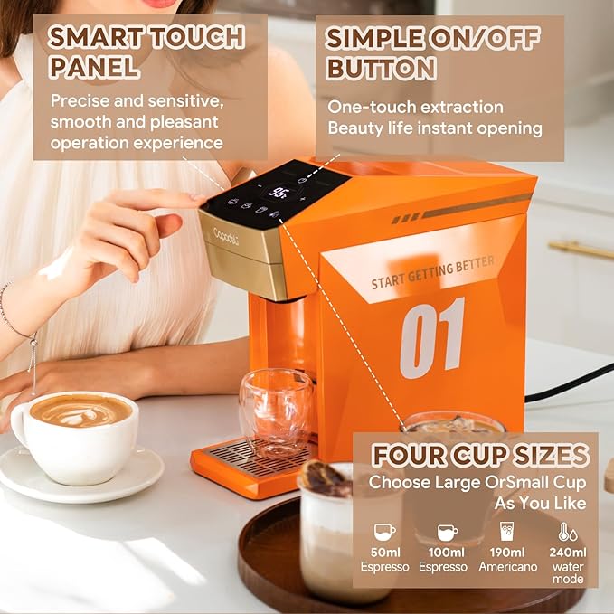 4 In 1 Single Server Coffee Maker Mini Coffee Machine for Nespresso Original/K cups/Dolce Gusto Original/Ground Coffee 19 Bar Espresso Machine Fit for Home Office Orange