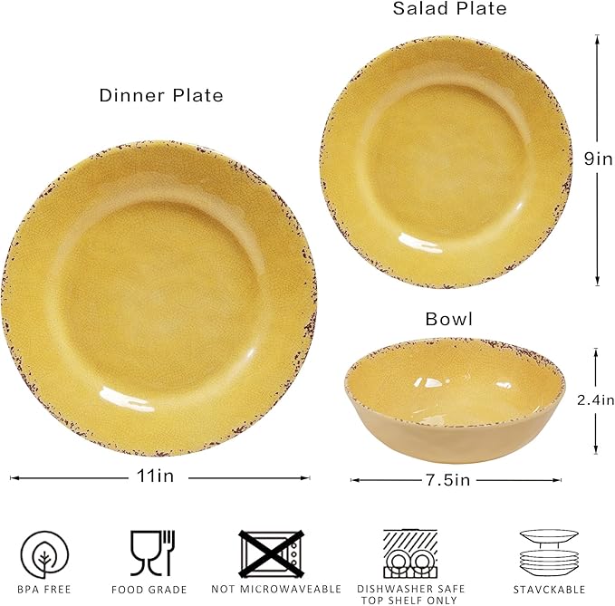 12-Piece Rustic Melamine Dinnerware Set With Dinner Plate Salad Plate And Large Capacity All Purpose BowlsService for 4 Indoor And Outdoor Use Yellow