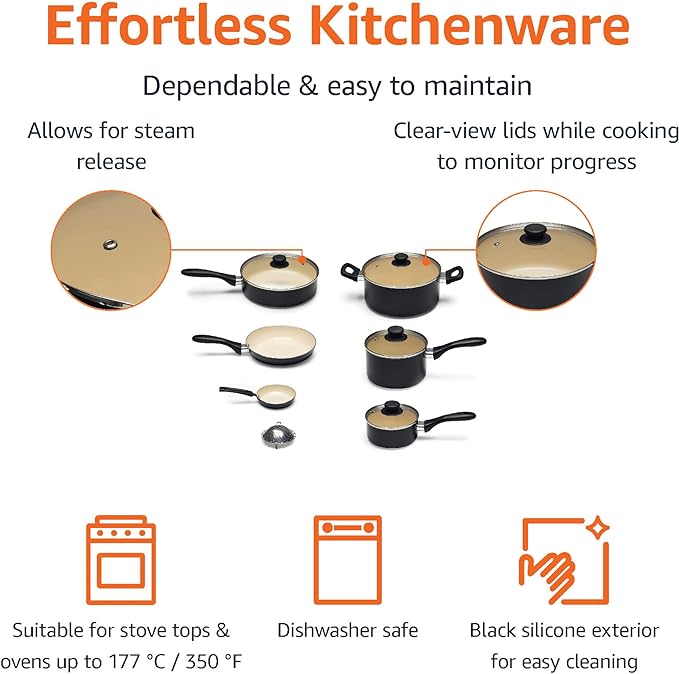 Amazon Basics 11-Piece Ceramic Non-Stick Pots and Pans Set Dishwasher &amp Oven Safe Easy Clean Glass Lids Black/Cream