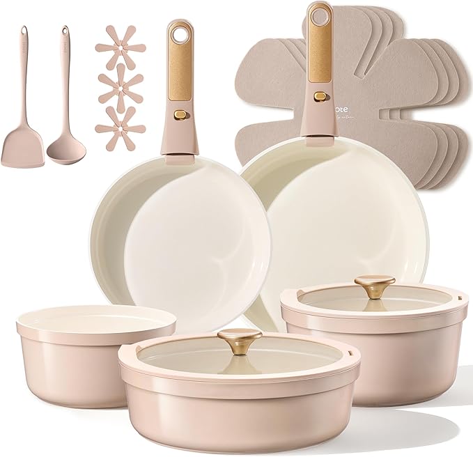 CAROTE 18 Pcs Ceramic Cookware Set Titanium Nonstick with Detachable Handles Non Toxic Cookware Pots and Pans Set Non Stick Removable Handles Induction Available Kitchen Cooking Dishwasher Safe