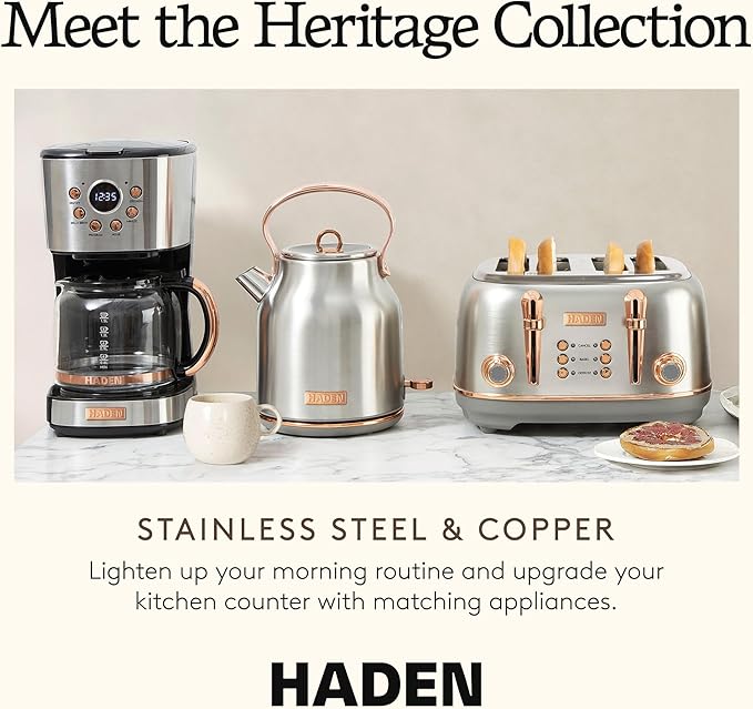 Haden Coffee Machine 12 Cup Programmable Drip Coffee Maker with Auto Shut-Off Function and Reusable Washable Water Filter Steel &amp Copper