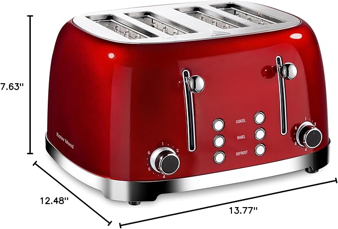 Roter Mond 4 Slice Toaster Retro Stainless Steel with Bagel Defrost Cancel Function 6 Browning Settings Extre Wide Slot and Removable Crumb Tray Red ST033