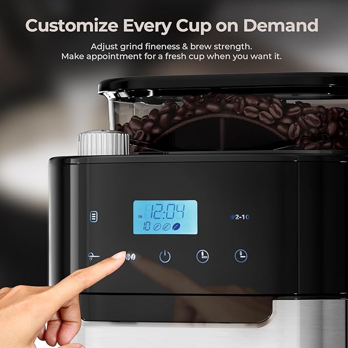 Drip Coffee Maker with Grinder Built In 10-Cup Grind and Brew Coffee Machine Fully Automatic Programmable with Brew Strength Permanent Filter Glass Carafe 50oz Water Tank Ideal for Home/Office
