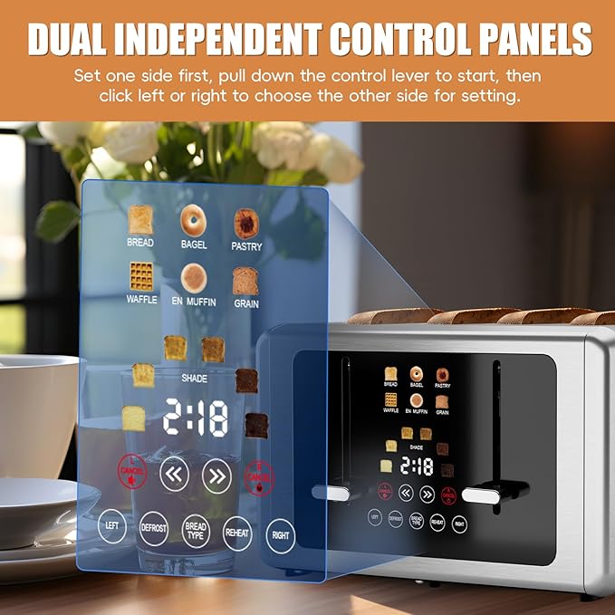 whall 4 Slice Touch Screen Toaster Stainless Steel Toasters Digital Timer Dual Control Panel Toasters6 Shade Settings＆6 Bread Types Smart Wide Slots Bagel Cancel Defrost