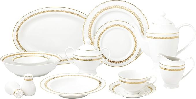 MISC 57 Piece Gold Dinnerware Set-New Bone China Service for 8 People Banded Formal Dishwasher Safe