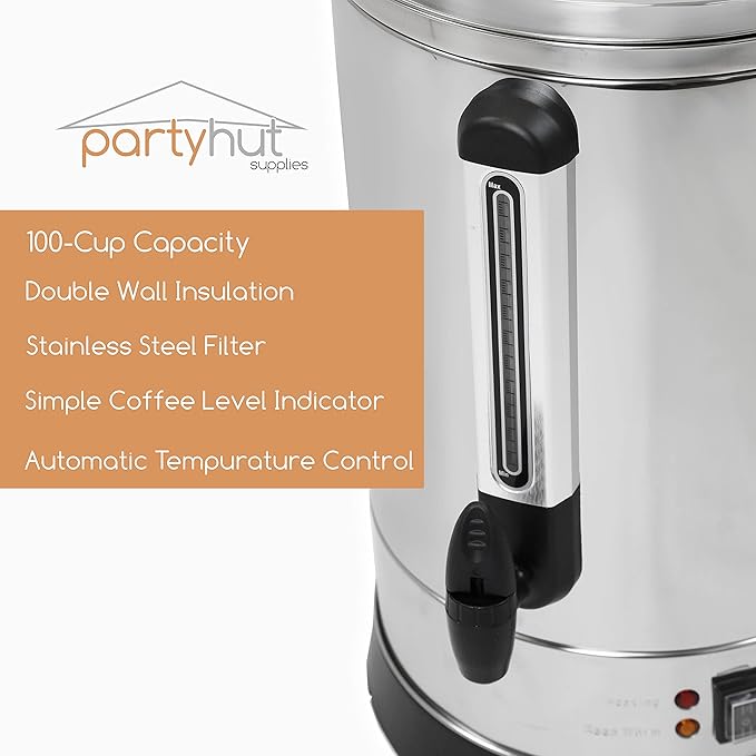 100-Cup XL Commercial Coffee Urn | Stainless Steel Coffee Maker Hot Beverage Dispenser for Catering &amp Events | Extra Large Commercial Size Coffee Brewer Broiler
