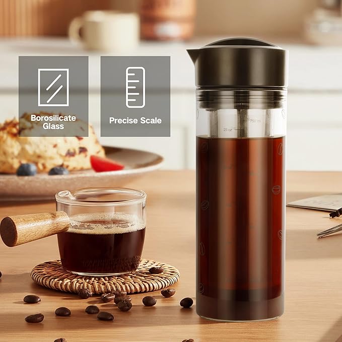 25oz Cold Brew Coffee Maker 4 Cup Capacity Tea Maker Iced Coffee Pot Cold Heat Resistant Borosilicate Glass Carafe Stainless Steel Mesh Filter Basket and Black Freshness Lid