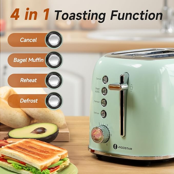 Aigostar Toaster 2 Slice Retro Toaster Stainless Steel 1.6 inch Extra Wide Slots Bread Toaster Bagel Cancel Defrost Function 6 Shade Settings &amp Removable Crumb Tray for Bread Waffle