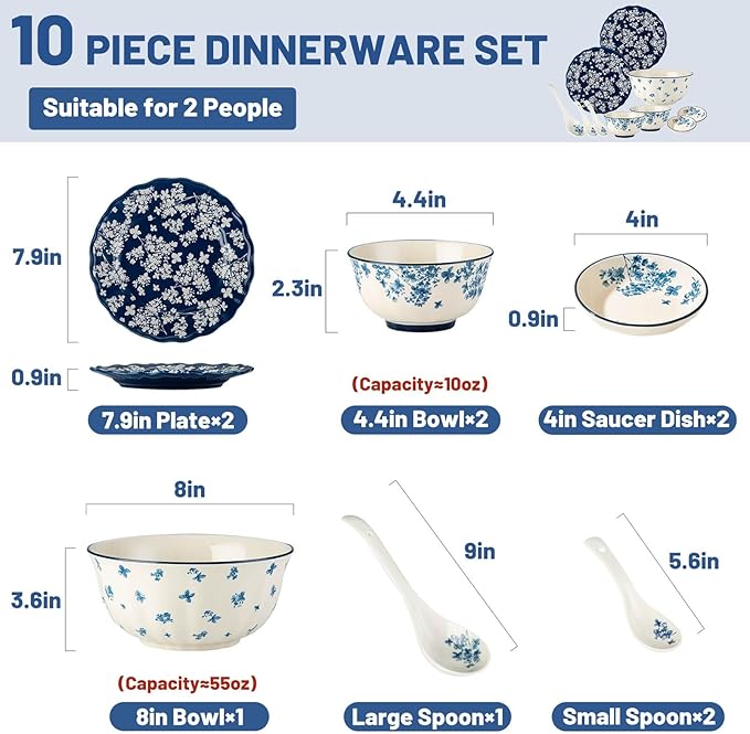 10 Pieces Dinnerware Sets Simple Elegant Plates and Bowls Sets Dinner Set for 2 Oven &amp Dishwasher &amp Microwave Safe Easy to Clean Non-slip Bottom High Temperature Firing Healthy and Colo