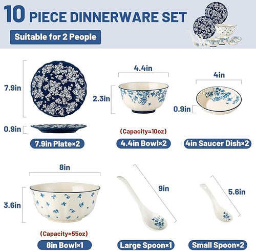 10 Pieces Dinnerware Sets Simple Elegant Plates and Bowls Sets Dinner Set for 2 Oven &amp Dishwasher &amp Microwave Safe Easy to Clean Non-slip Bottom High Temperature Firing Healthy and Colo