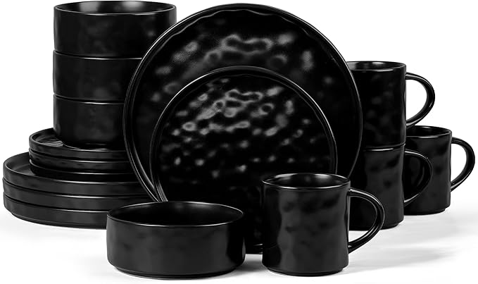 Vesteel 16-Piece Dinnerware Sets Stoneware Dish and Bowls Set for 4 Handmade Reactive Glaze Coupe Plates Set Chip &amp Scratch Resistant - Matte Black