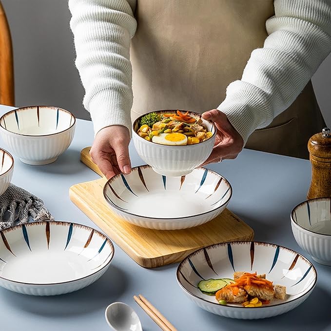 16 Pieces Dishware Sets Sophisticated Dinnerware Set for 4 Non-slip Bottom Plates and Bowls Dishes Sets High Temperature Firing Thick and Durability Safe and Healthy For Dessert Salad Soup Pasta