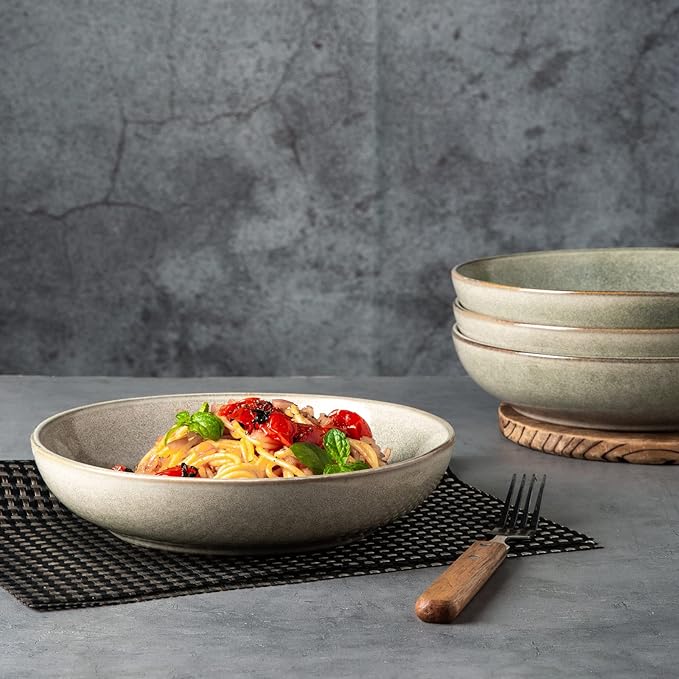 AmorArc Ceramic Dinnerware Sets with Pasta Bowl Handmade Reactive Glaze Plates and Bowls SetsHighly Chip and Crack Resistant | Dishwasher &amp Microwave Safe Dishes Set Service for 4 (16pc)