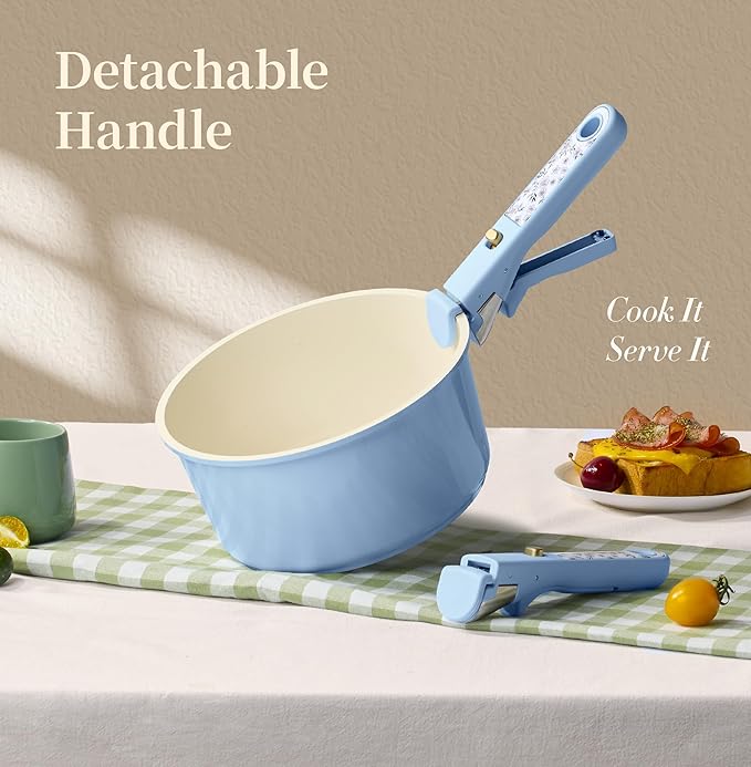 CAROTE 15Pcs Ceramic Cookware Set Pots and Pans Set Non Stick Kitchen Cooking Set with Detachable Handle Non Toxic Induction Cookware Dishwasher/Oven Safe