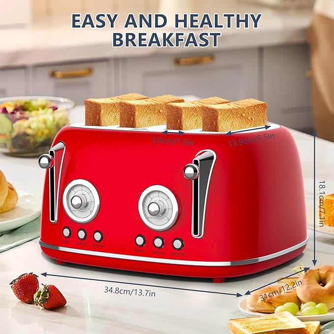 Toaster 4 Slice Wide Slot Toaster Long Slot with Warming Rack 6 Browning Settings Bagel/Defrost Functions Removable Crumb Tray (Red)