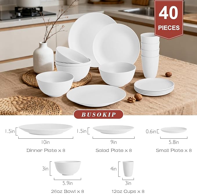 Wheat Straw Dinnerware Sets - 40 PCS Unbreakable Plates and Bowls Sets Service for 8 Kitchen Dishes Set Dinner Plates Cereal Bowls Cups Set Camping Dish Dishwasher &amp Microwave Safe - White