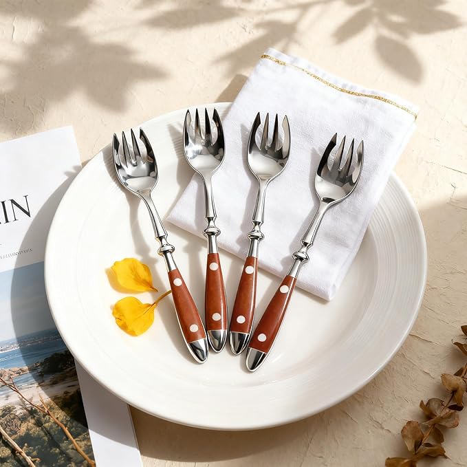 Sporks 8-Pack Stainless Steel Sporks 6.9 Inches Salad Forks and Spoons with Wood Grain Bakelite Handle For Dessert Ice Cream Salad Soup Noodle Spaghetti Dishwasher Safe