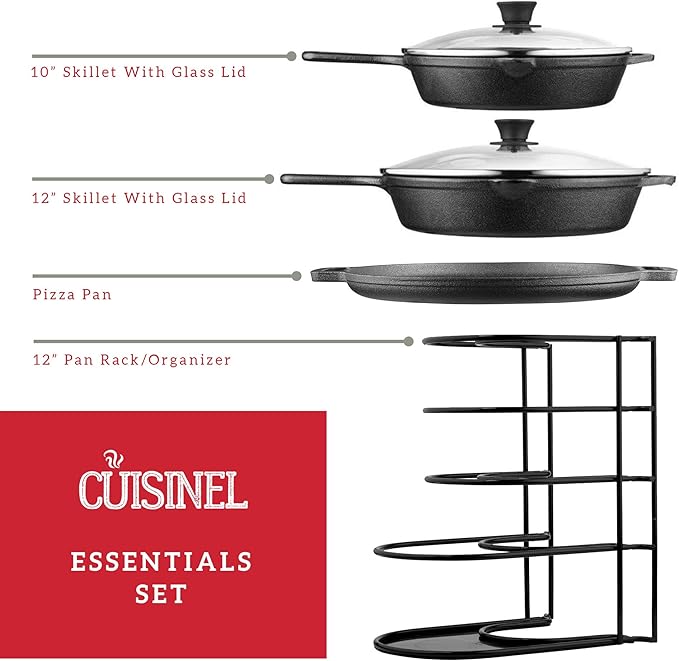 Cuisinel Cast Iron Cookware Set - 6-Pieces Pre-Seasoned Kit: 10+12 Skillet + Glass Lids + Pizza Pan + Pan Rack Organizer + Silicone Handle Covers + Scraper/Cleaner - Grill Camping Indoor/Outdoor