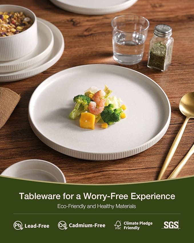 Famiware Star Dinnerware Set with Pasta Bowls Service for 4 (16pcs) Ribbed Stoneware Plates and Double Bowls Dishes Sets - Chip &amp Scratch Resistant Microwave &amp Dishwasher Safe Matte White