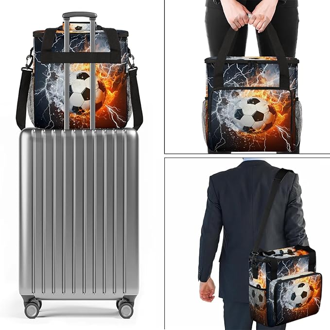 Soccer Ball Fire And Water Travel Coffee Maker Carrying Bag Large Organizer Storage Tote Bag Insulated Reusable Cooler Grocery Bags