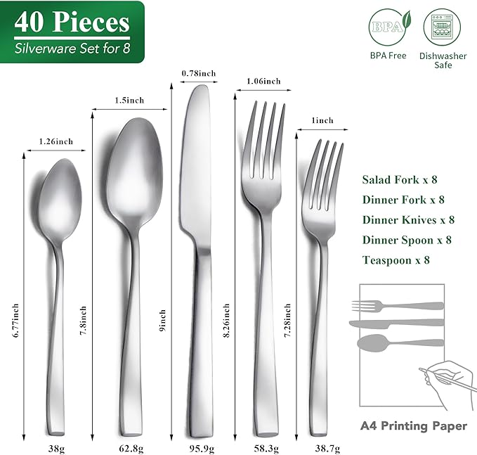 40 Piece Silverware Set Service for 8 EIUBUIE Premium Stainless Steel Cutlery Set Matte Finish Flatware Sets Durable Solid Modern Kitchen Tableware Eating Utensil Sets Include Spoons Forks Knives