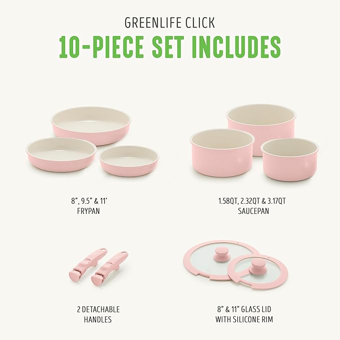 GreenLife 10 Piece Nonstick Pots &amp Pans Set Detachable Handle &amp Stackable Cookware Set Non Toxic PFAS-Free Skillets Induction Kitchen Pans Space Saving Serving Bowls Oven Safe Light Pin