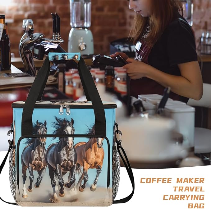 Running Black Horse Coffee Maker Carring Bag Travel Carrying Storage Tote Bag Compatible with Keurig K-Mini or K-Mini Plus Portable Single Serve Coffee Brewer Case with Pockets for K-cup Pods