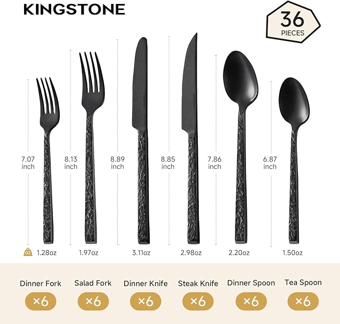 KINGSTONE 36 Pcs Black Hammered Silverware Set with Steak Knives for 6 18/10 Stainless Steel Heavy Duty Flatware Set Tableware Cutlery Utensil Sets for Home Restaurant Dishwasher Safe