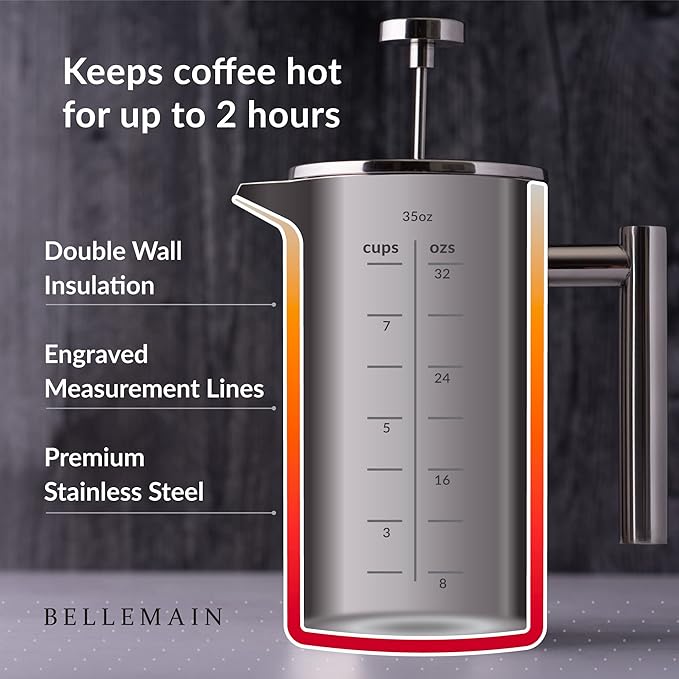 Bellemain French Press Coffee Maker Extra Filters Included 35 oz Stainless Steel