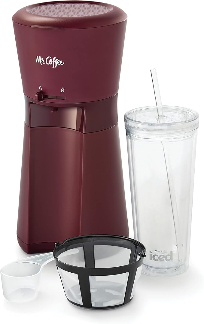 Mr. Coffee Iced Coffee Maker Single Serve Machine with 22-Ounce Tumbler and Reusable Coffee Filter Burgundy