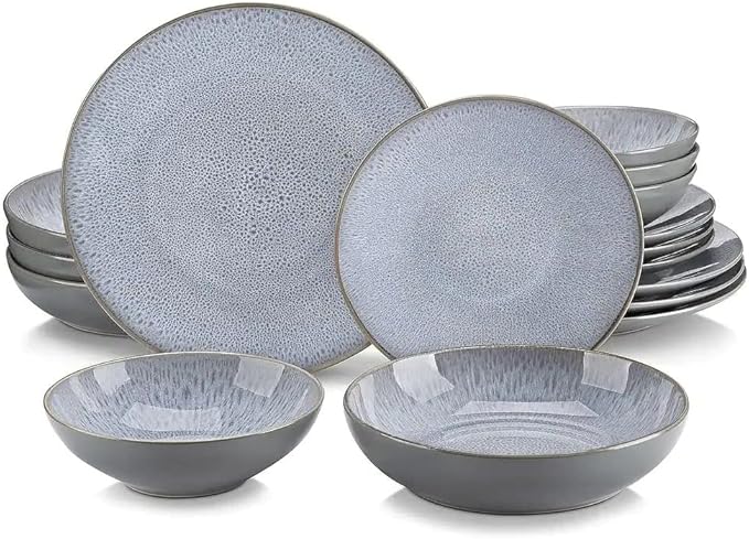 Sophisticatedly Crafted Gray 16 Piece Stoneware Dinnerware Set for 4 | Elegant Dual Glaze Finish With Glossy Interior &amp Matte Exterior | Highly Durable Dishwasher &amp Oven Safe | Pretty Smooth T