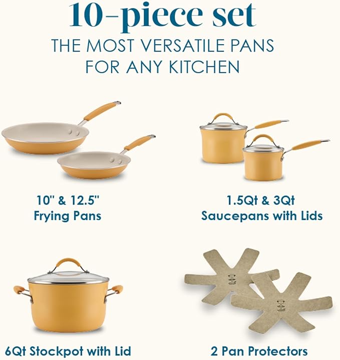 Rachael Ray Cucina Ceramic Nonstick Pots and Pans Set with Saucepans Frying Pans Stockpot Lids and Pan Protectors 10 Piece Non Stick Cookware Set Dishwasher Safe - Turmeric Yellow
