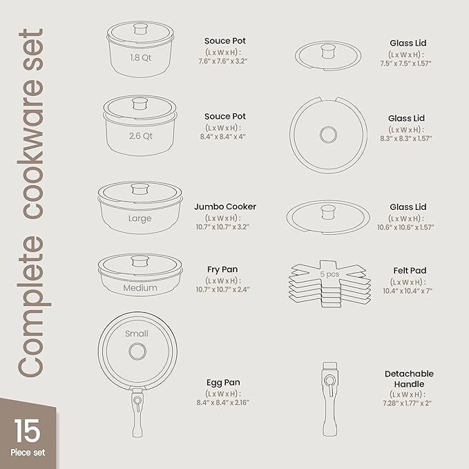 Pots &amp Pans Set Non Stick Ceramic-Granite – 15-Piece Cookware with Detachable Handles Stackable Space-Saving Dishwasher Safe Oven &amp All-Stove Safe Tempered Glass Lids Black Granite