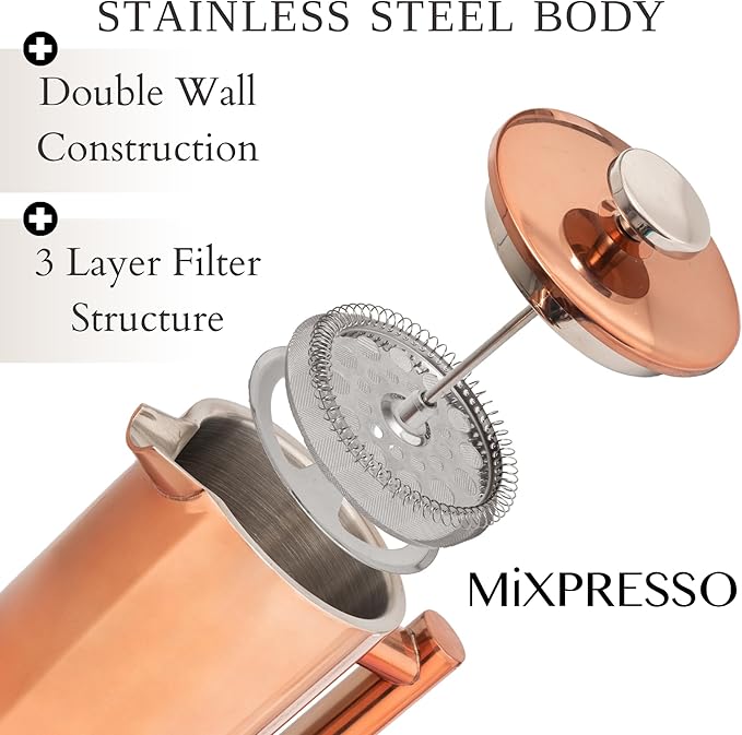 Mixpresso Stainless Steel French Press Coffee Maker 26 Oz 770 ml Double Wall Insulated French Press Stainless Steel Easy Clean Tea Brewer Easy Press Durable Metal Coffee Press