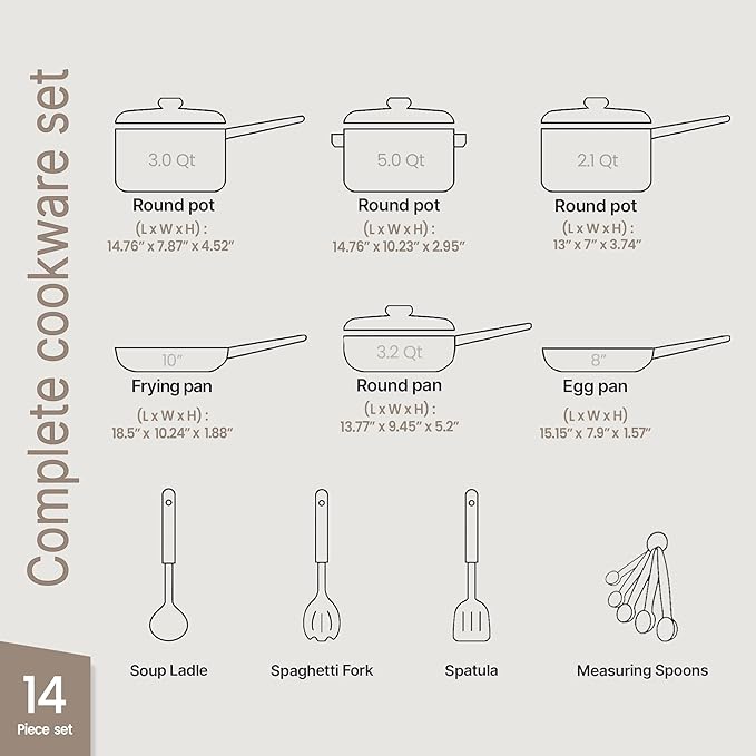 Pots and Pans Set – 14 Piece – Non-Stick Professional Home Kitchenware – Cooking Pots with Lids – Skillet Fry Pans – Suitable for Gas Electric Ceramic and Induction Counter Cooktops - Golden