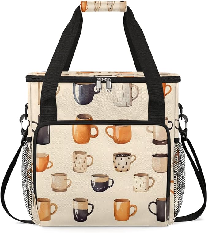 Coffee Cups Print Coffee Maker Carrying Bag Compatible with K-Mini or K-Mini Plus Portable Single Cup Coffee Maker Case with Pockets for K Cup Pods