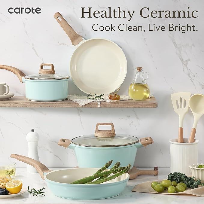 CAROTE 21-Piece Ceramic Pots and Pans Cookware Set Non Stick Induction Cook Ware Kitchen Cooking Set Non-Toxic Health PFAS Free