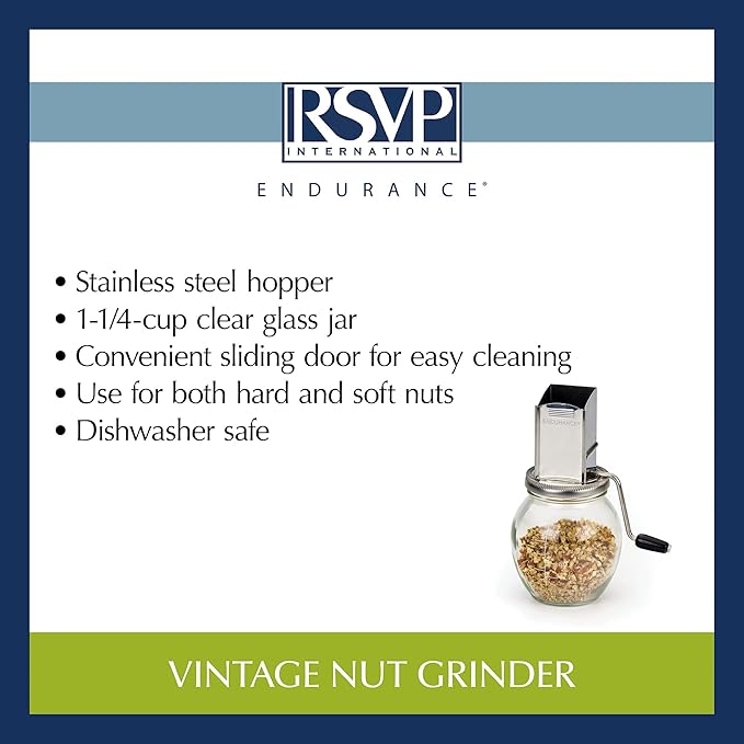 RSVP International Endurance Vintage Inspired Nut Grinder 1.25 Cup Capacity Glass Bottom