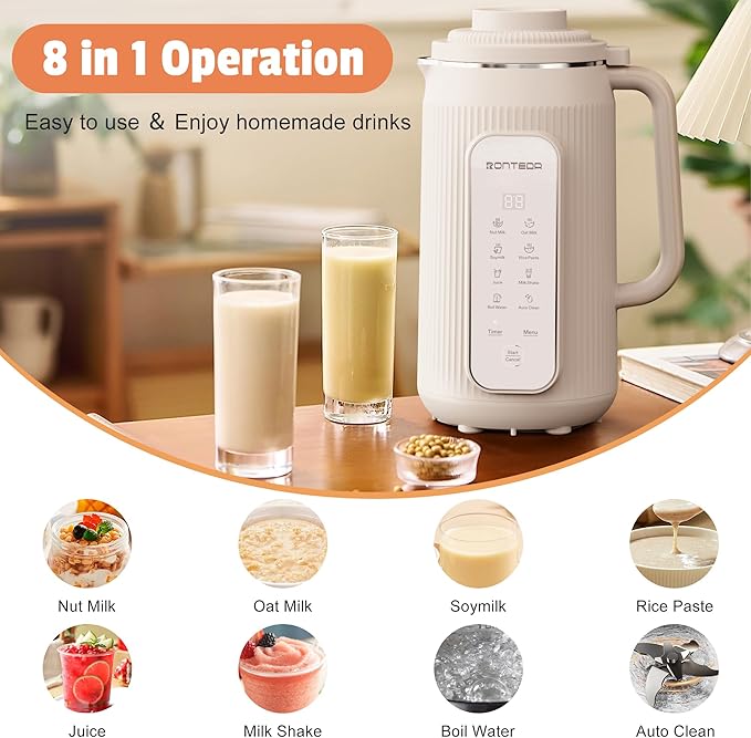 8 in 1 Automatic Nut Milk Maker - 20oz Soy Milk Maker for Homemade Nut MilkOat MilkSoymilkAlmond MilkPlant Based MilkRice PasteJuiceMilk ShakeBoil Water with Auto-Clean &amp Timer